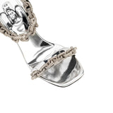 Catena Notte silver high-heel sandal featuring chain embroidery and cushioned insole, meticulously crafted in Italy.