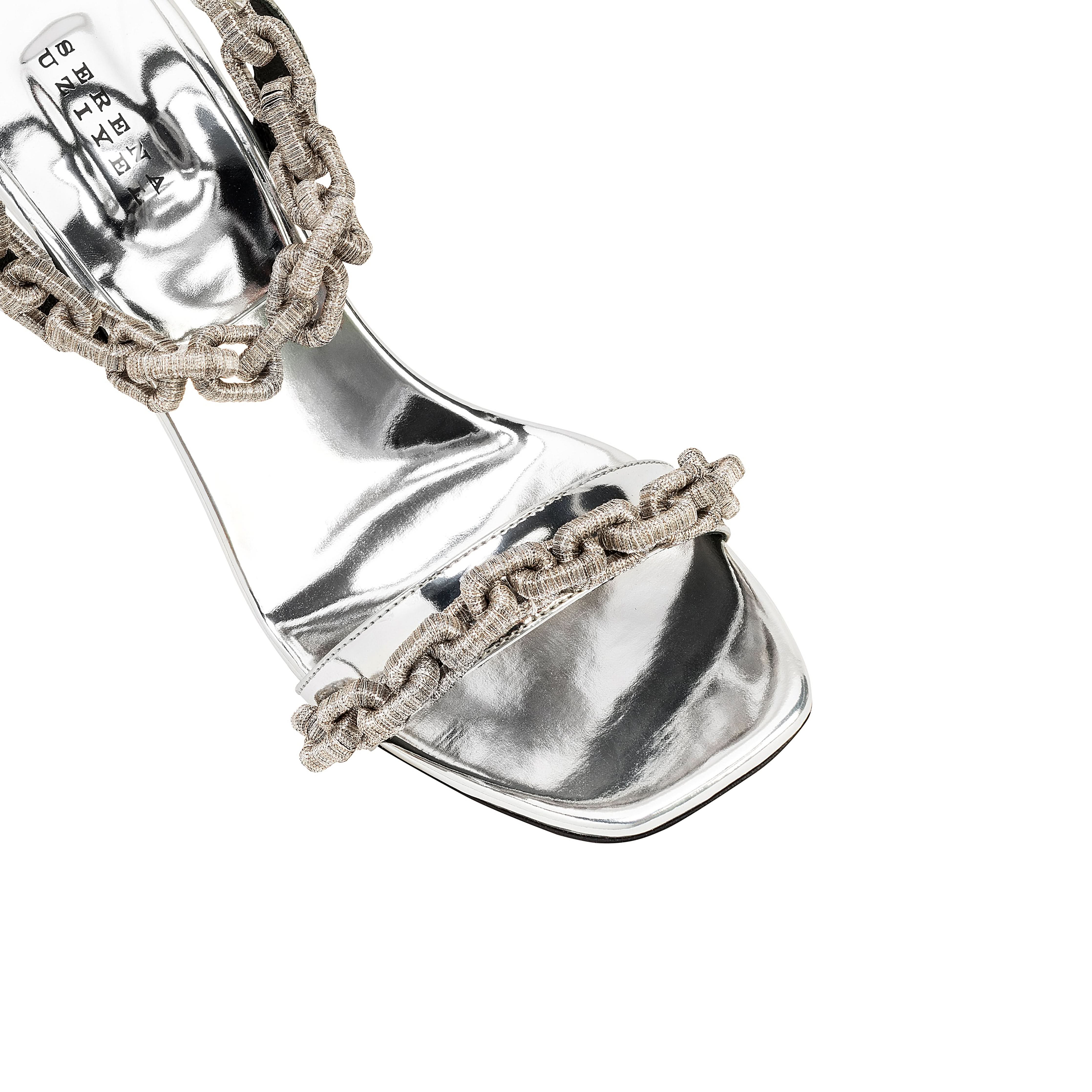 Catena Notte silver high-heel sandal featuring chain embroidery and cushioned insole, meticulously crafted in Italy.