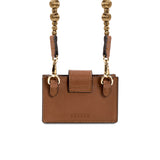 Alessa Camello card holder in brown leather with a detachable strap featuring embroidered balls, showcasing refined craftsmanship.