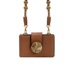 Alessa Camello Card Holder featuring gold embroidered details and detachable strap, a refined accessory for stylish organization.