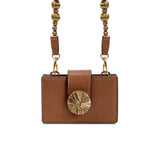 Alessa Camello Card Holder featuring gold embroidered details and detachable strap, a refined accessory for stylish organization.