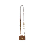 Alessa Camello Card Holder with removable strap featuring embroidered balls and a signature metallic thread detail.