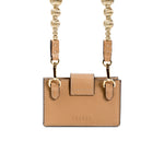 Alessa Cappucino Card Holder with detachable strap and embroidered details, showcasing elegant craftsmanship.