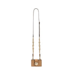 Alessa Cappuccino Card Holder with a decorative detachable strap featuring embroidered balls and signature metallic details.