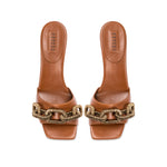 Catena Camello Sandal in supple camel leather with striking chain embroidery detail, set on a comfortable 70mm heel.