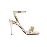 Kibele Sahara ankle cross sandal in shimmering metallic leather, featuring a stiletto heel and elegant ankle strap.