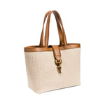 Boho Chic off-white tote bag with brown leather handle and stylish knot detail, perfect for casual outings.