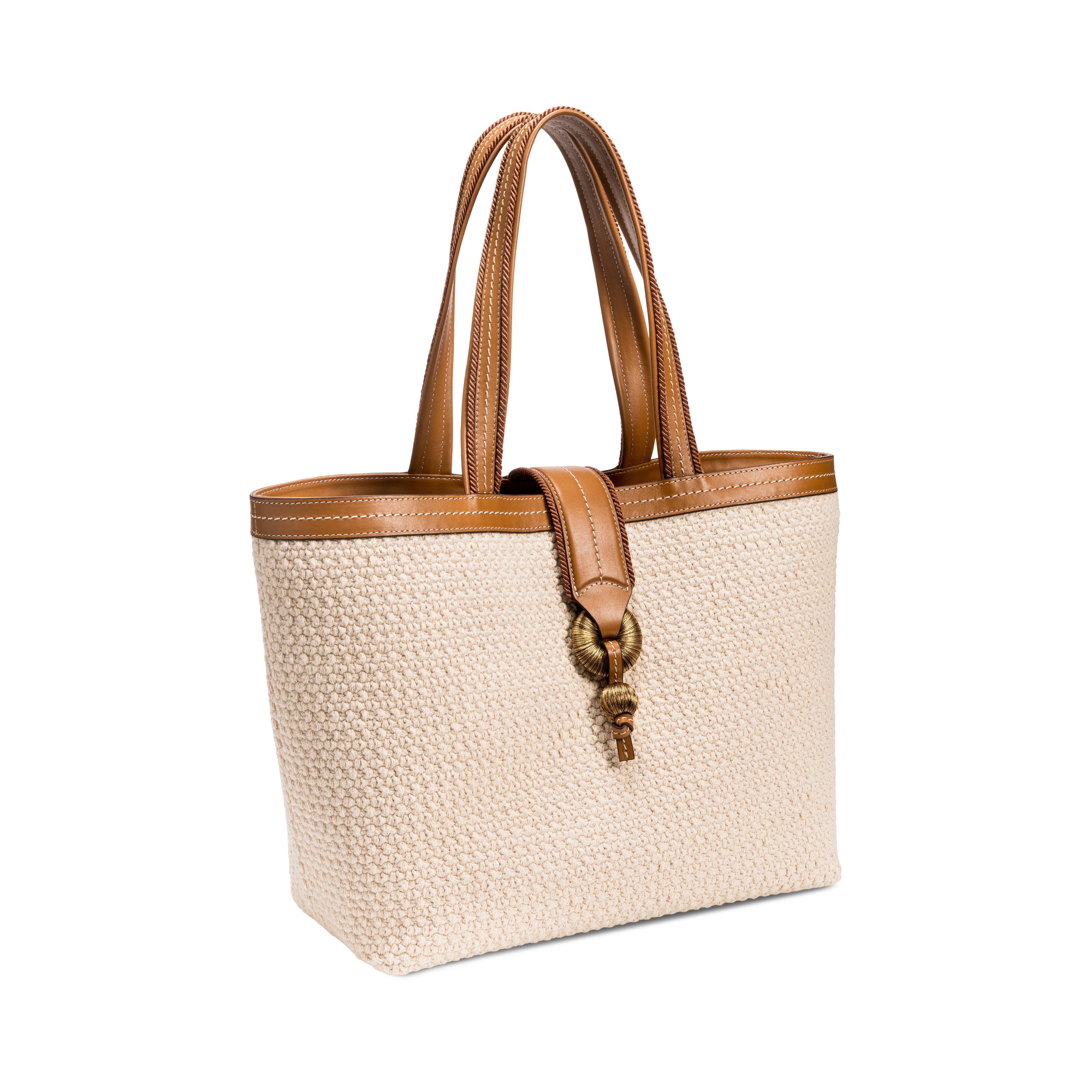 Boho Chic off-white tote bag with brown leather handle and stylish knot detail, perfect for casual outings.
