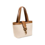 Boho Chic Small Off White Tote Bag with brown handles and decorative knot, perfect for stylish outings.
