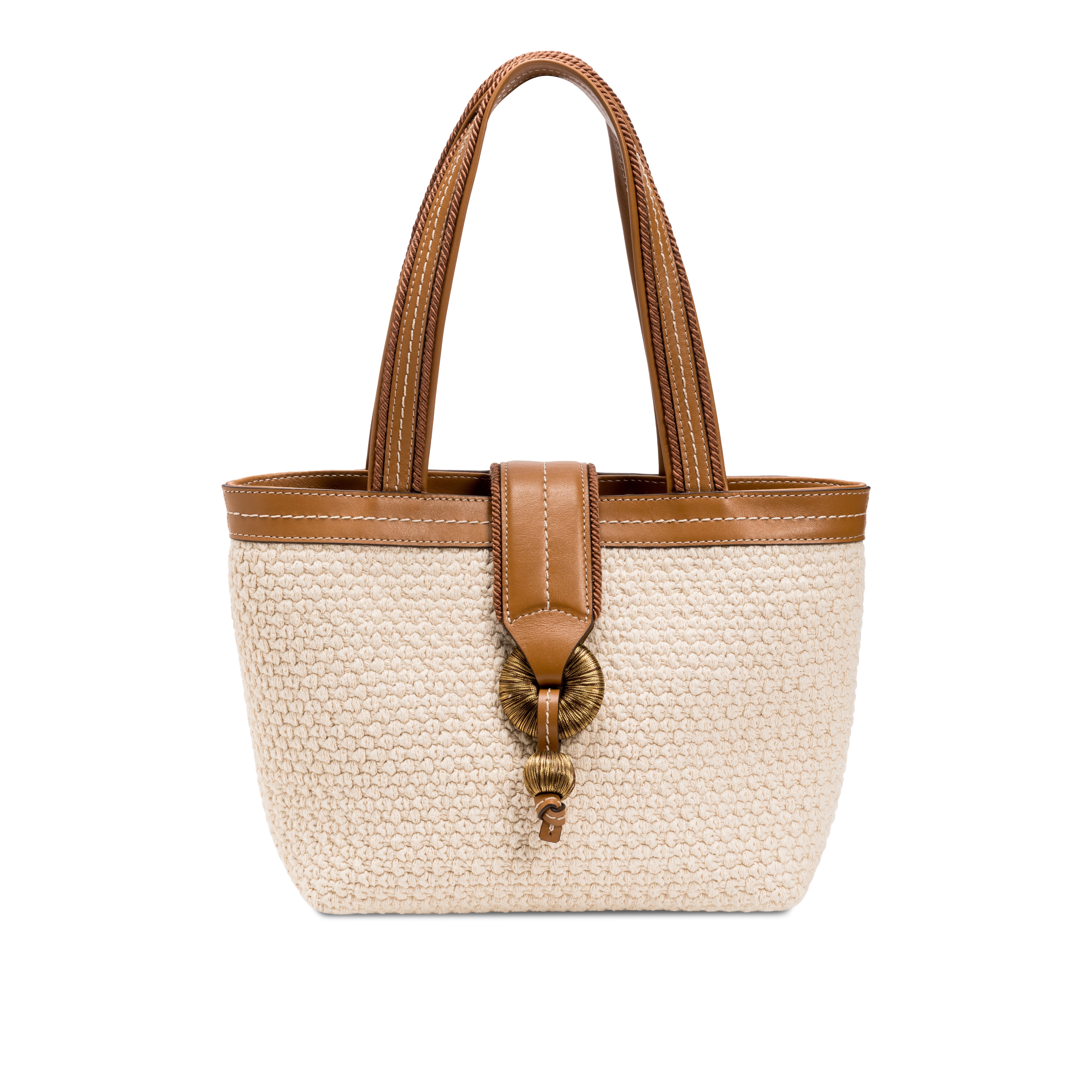 Boho Chic small off-white tote bag with brown leather straps and decorative clasp, ideal for casual outings.