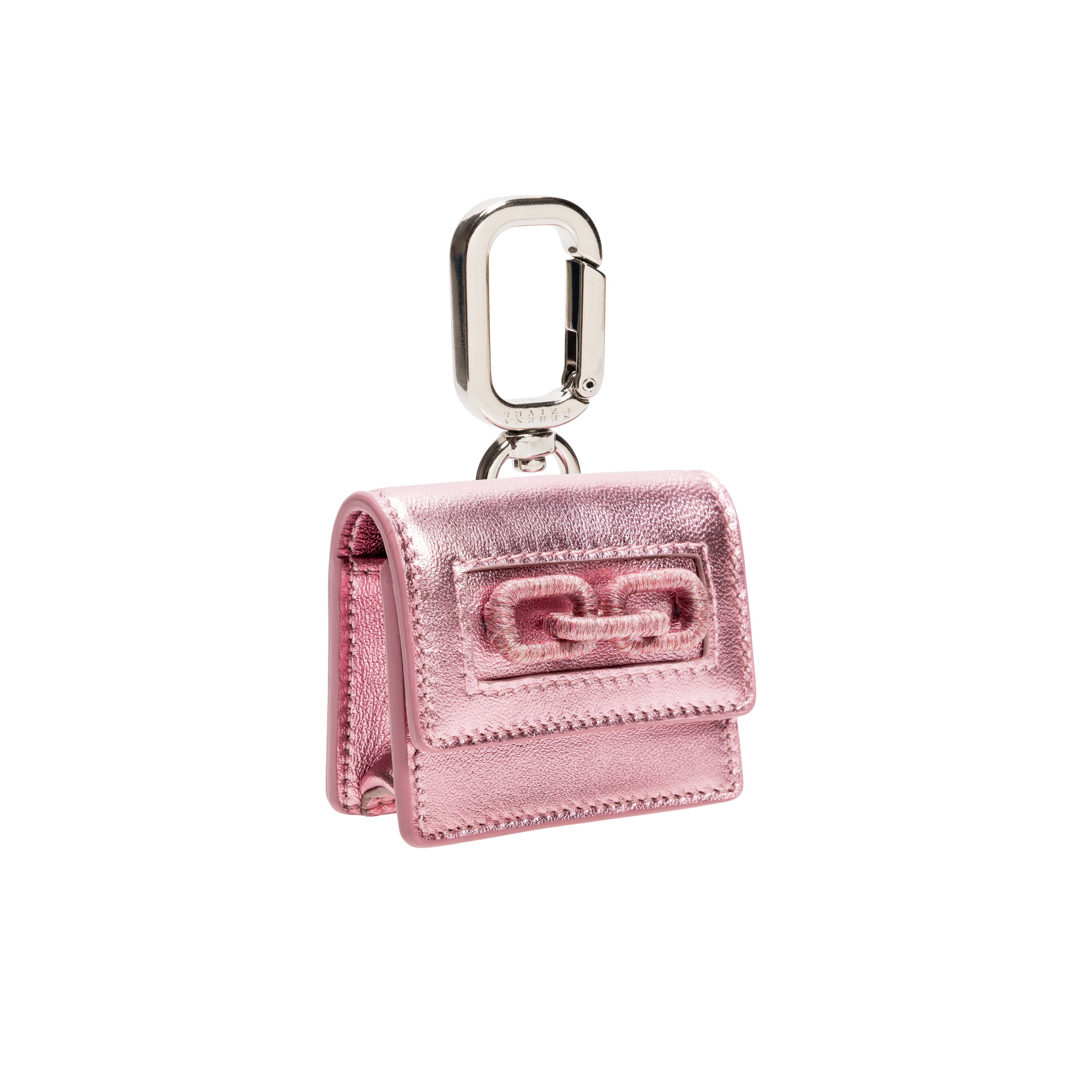 Catena Notte metallic pink AirPods case with silver carabiner, handcrafted in Italy, featuring signature chain detailing.