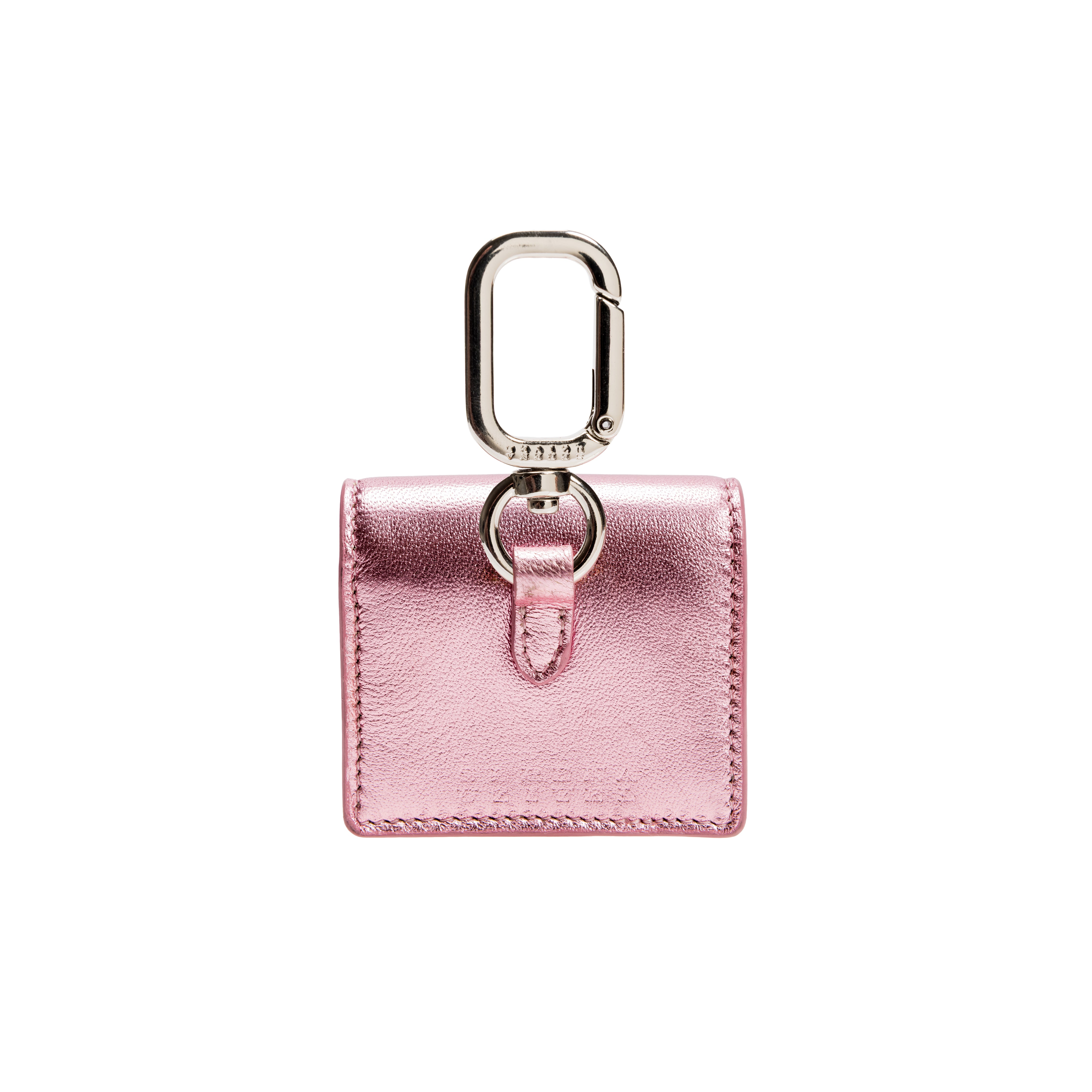 Sculptural metallic pink AirPods case with silver carabiner, handcrafted in Italy for stylish functionality.