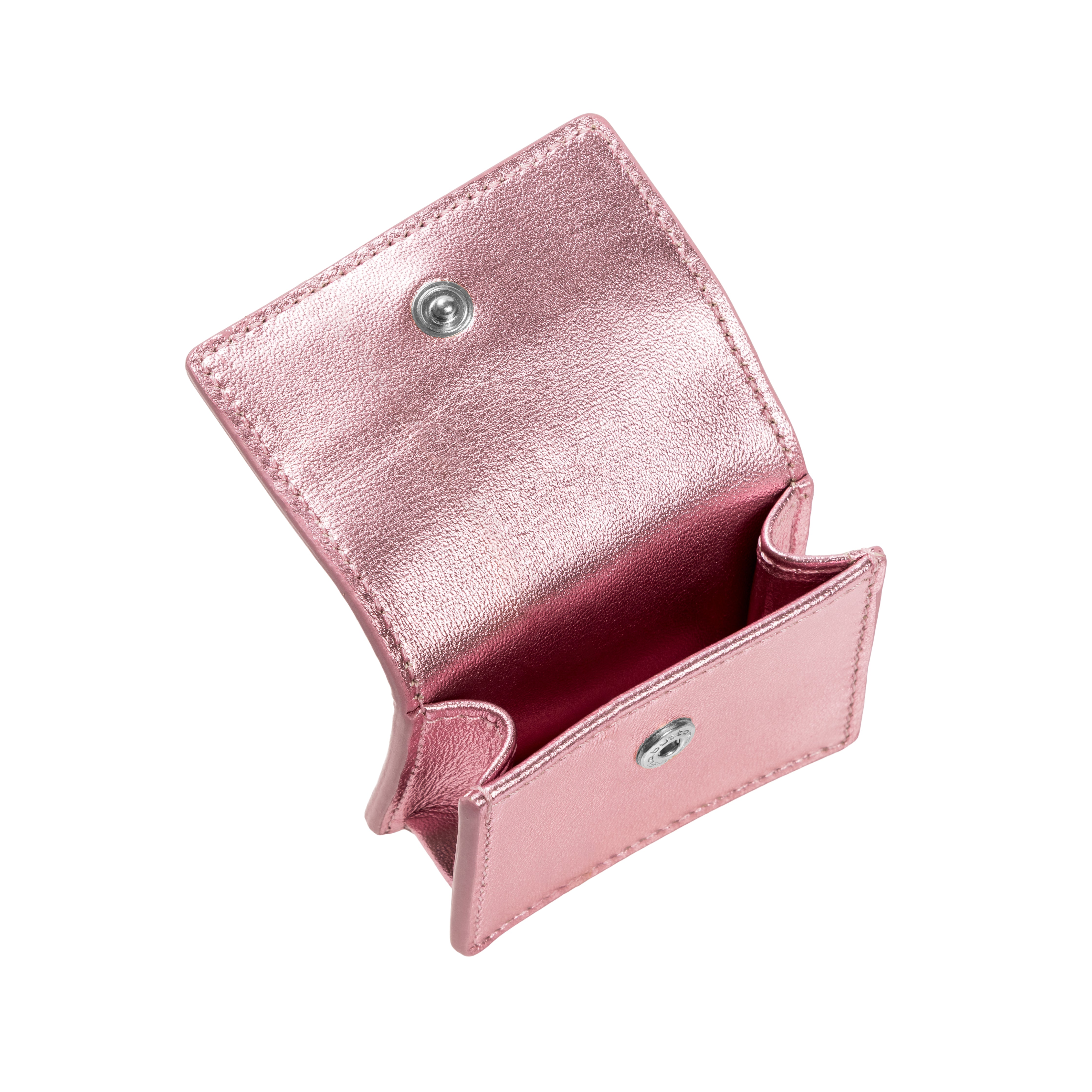 Catena Notte metallic pink AirPods case interior, showcasing supple leather and compact design.