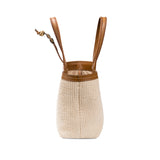Boho chic medium off white tote bag with leather handles, perfect for stylish everyday use.