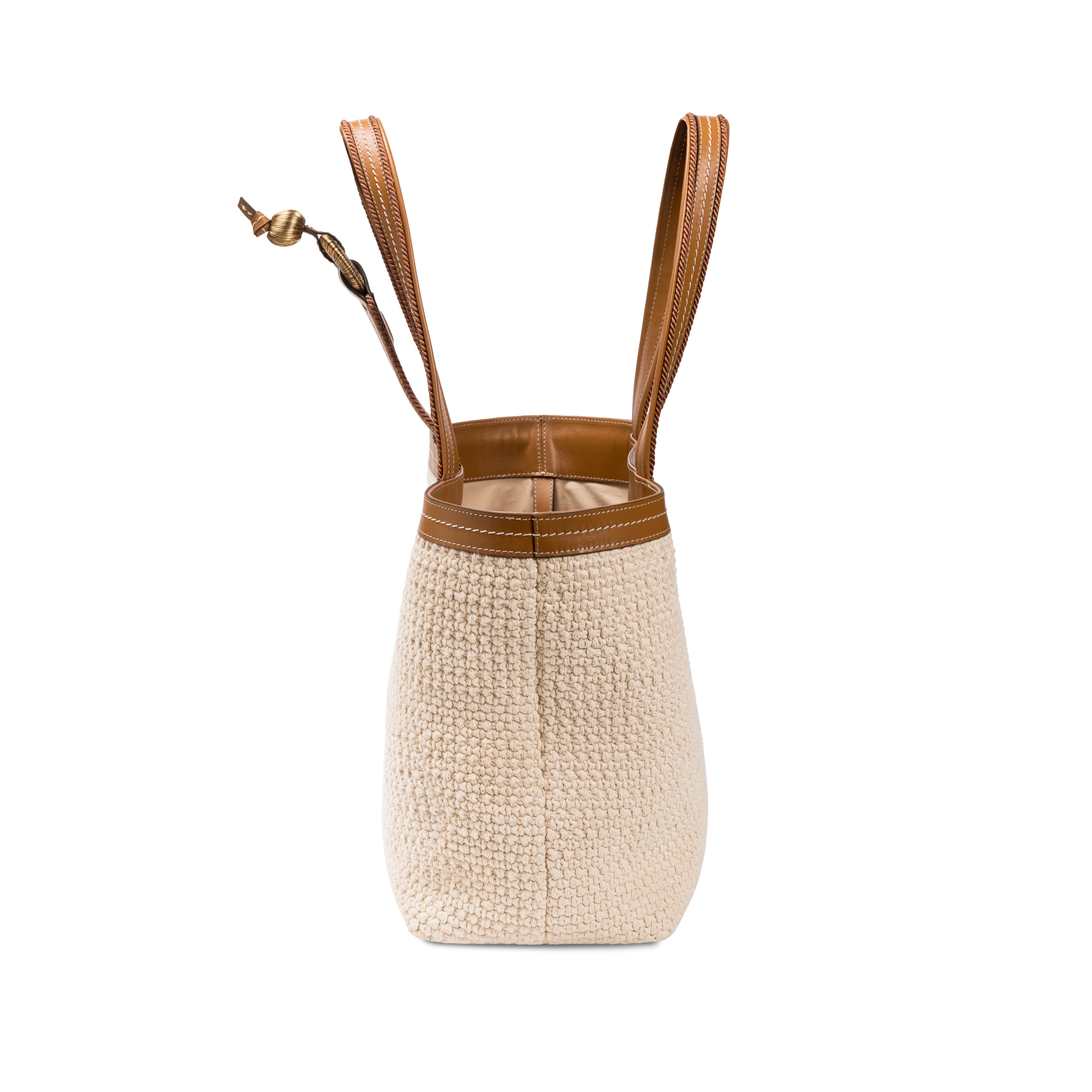 Boho chic medium off white tote bag with leather handles, perfect for stylish everyday use.