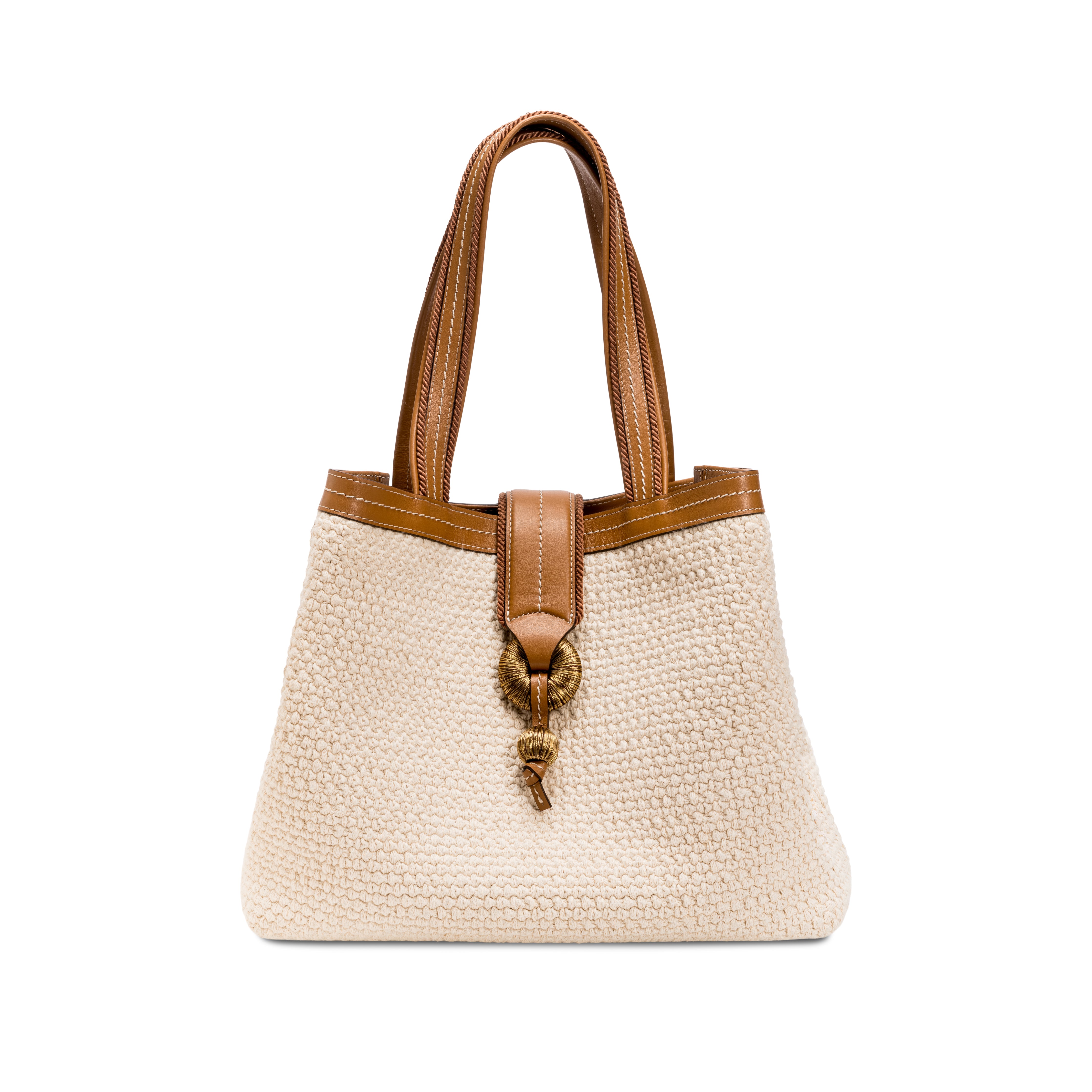 Boho chic medium off white tote bag with brown straps and decorative knot detail, perfect for casual outings.