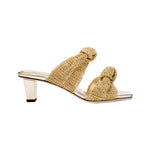 Rhea Gold 2 Knot Sandal showcasing artisanal craftsmanship with two knotted crochet straps and a comfortable block heel.
