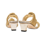 Rhea Gold 2 Knot Sandal featuring intricately knotted crochet straps and a comfortable block heel.