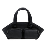 Black handbag with two square compartments on a white background