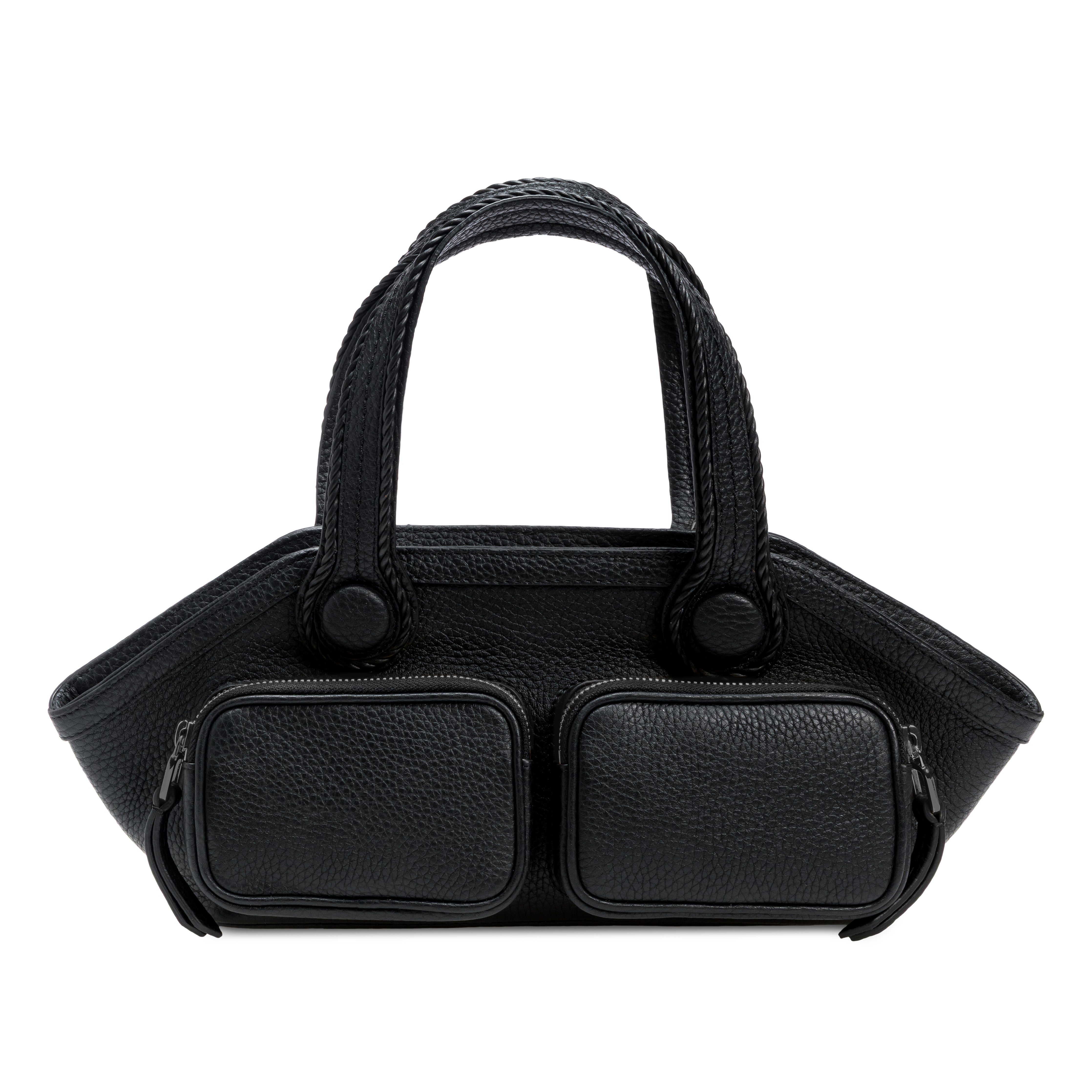 Black handbag with two square compartments on a white background