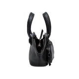 Black leather handbag with a shoulder strap on a white background