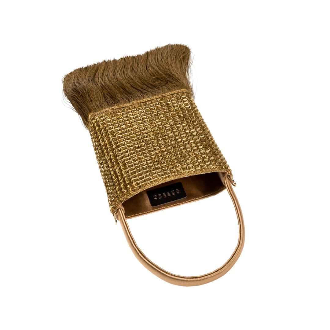 Adia Antique Gold Mini Tote Bag with fringe and metallic cage embroidery, ideal for formal or casual occasions.