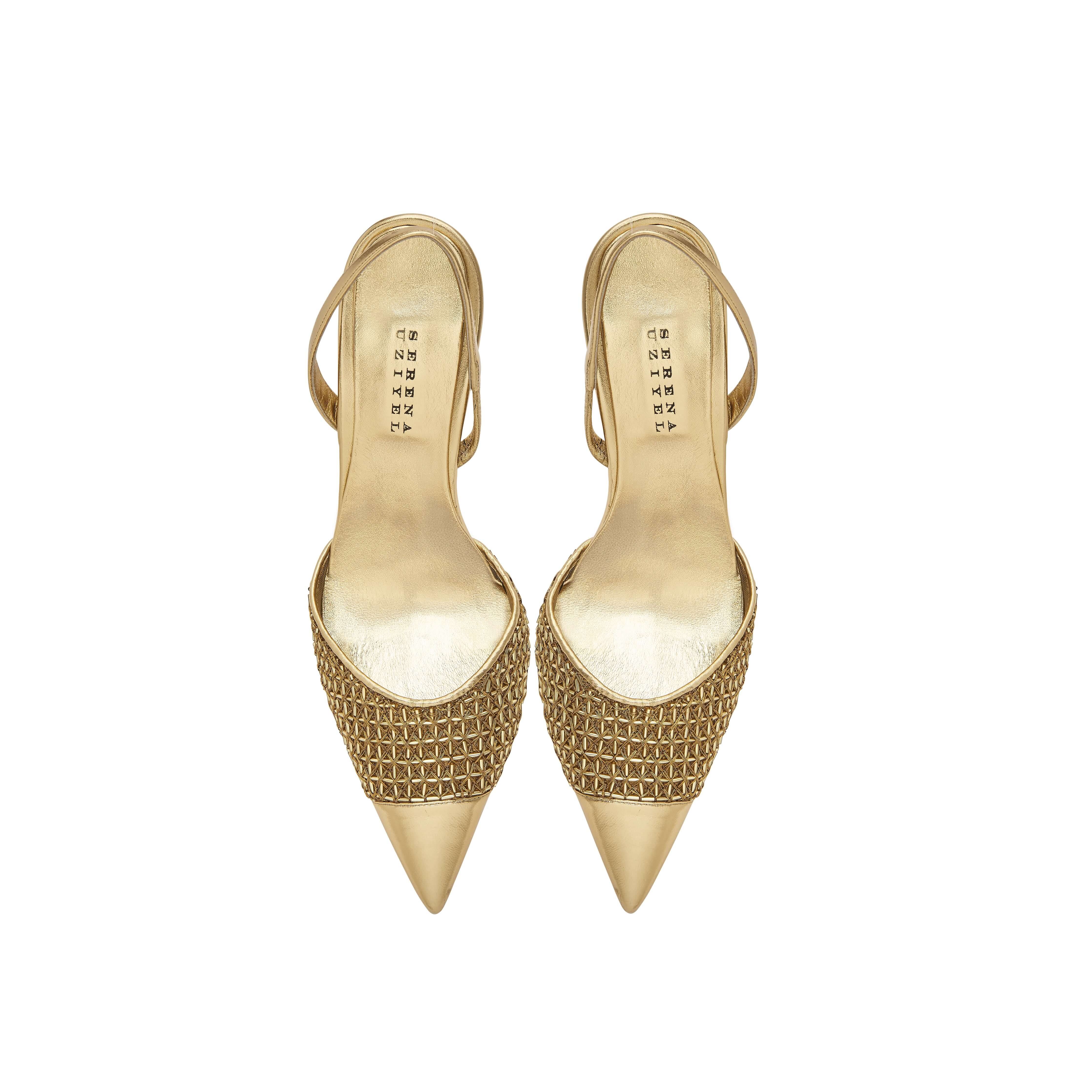 Adia Gold High-Heel Slingback Pump featuring metallic leather caging for versatile day or night wear.