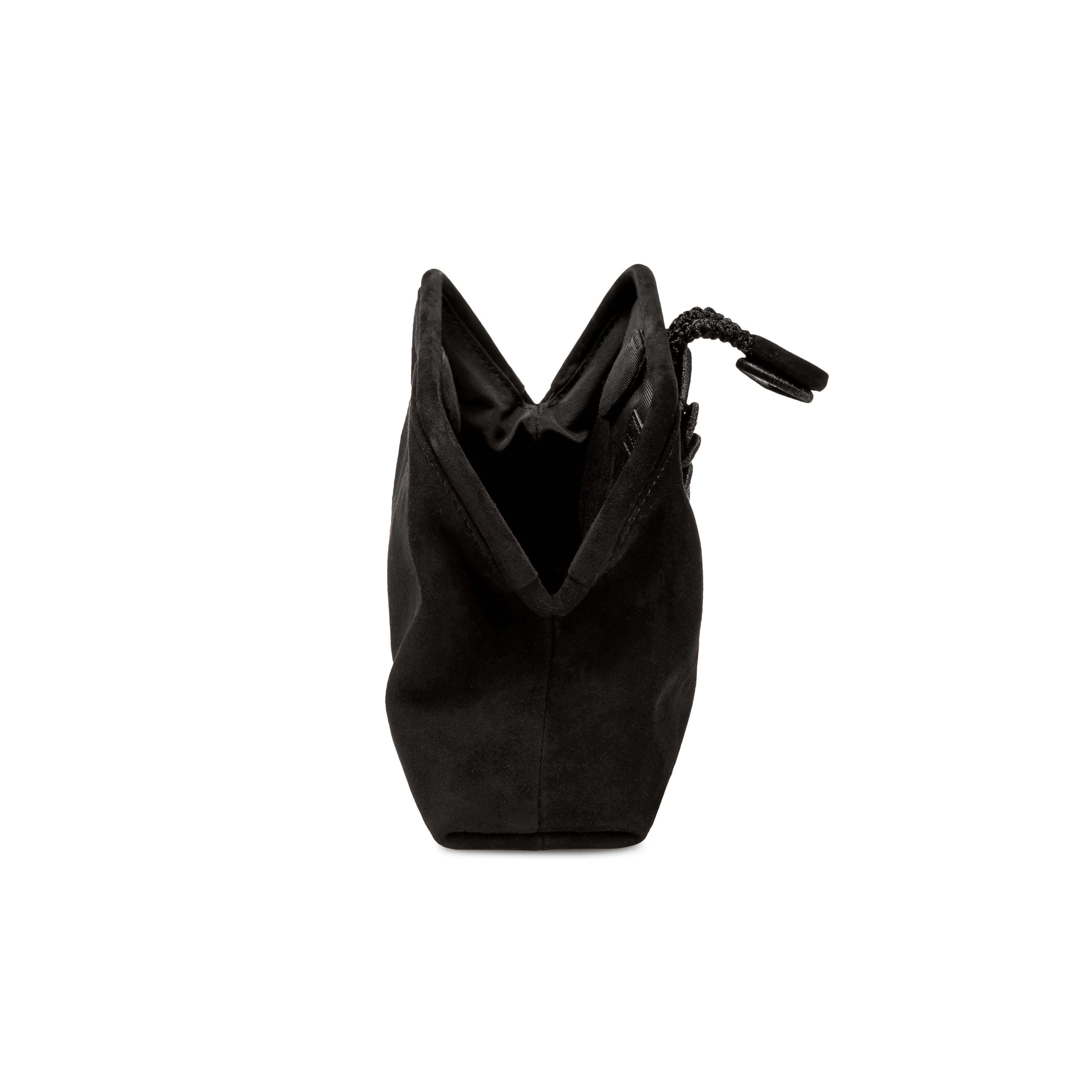 Alessa Black Pouch Bag showcasing intricate knotted design and sleek black leather craftsmanship.