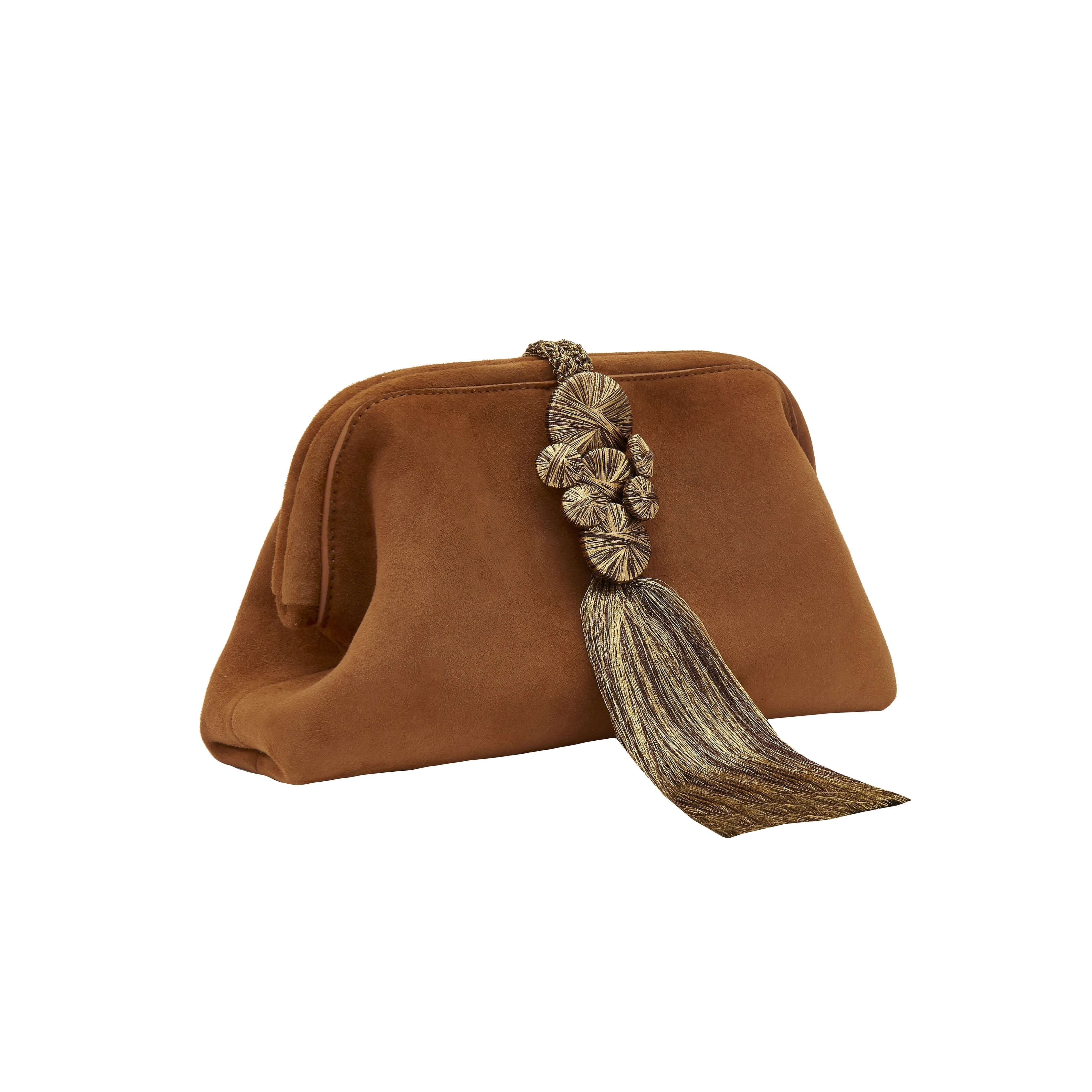 Alessa Camello Pouch Bag made of Italian suede leather with intricate thread-wrapped ring design and tassel detail.
