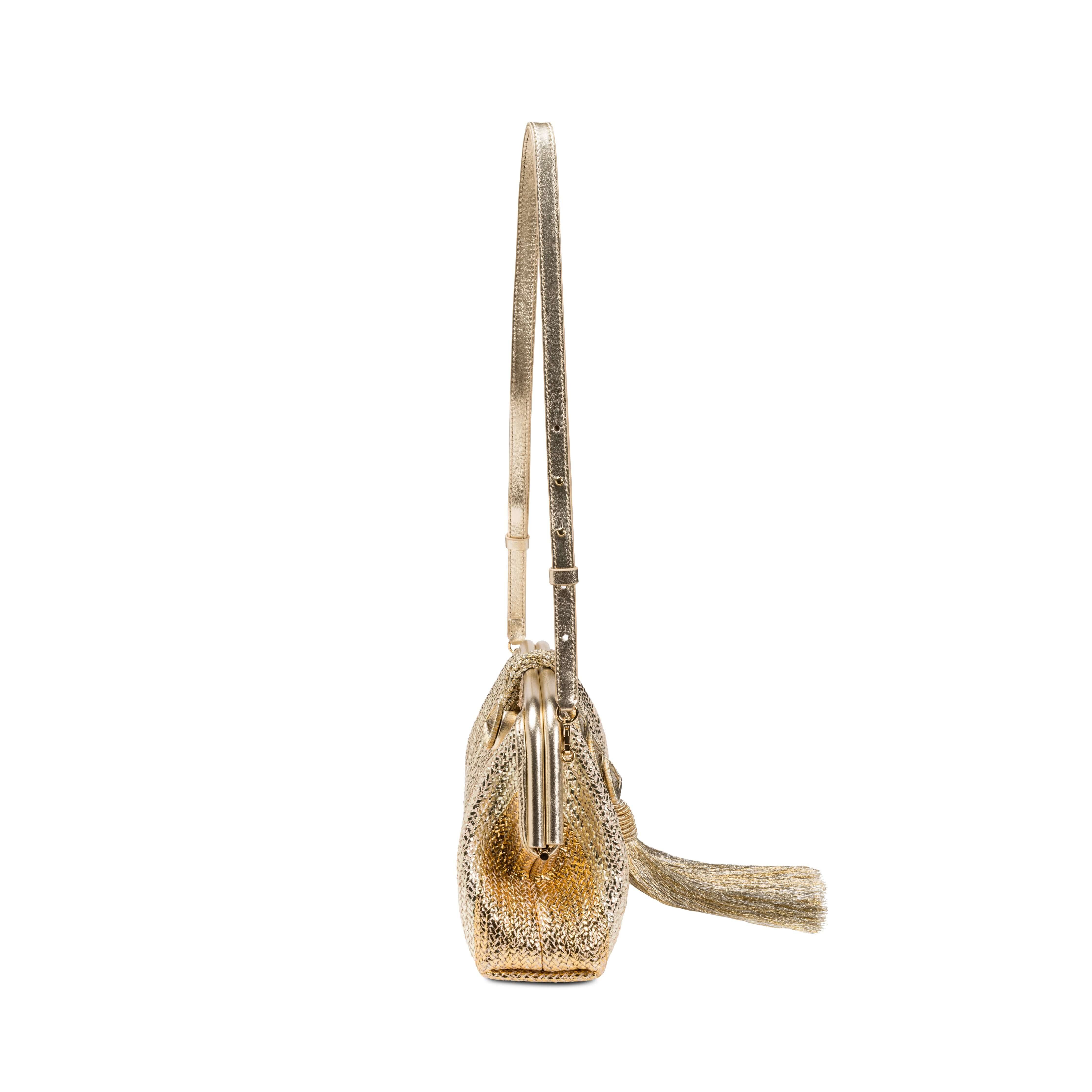 Elegant Alessa Gold Silver Pouch Bag showcasing a sleek design and stylish strap, perfect for any occasion.