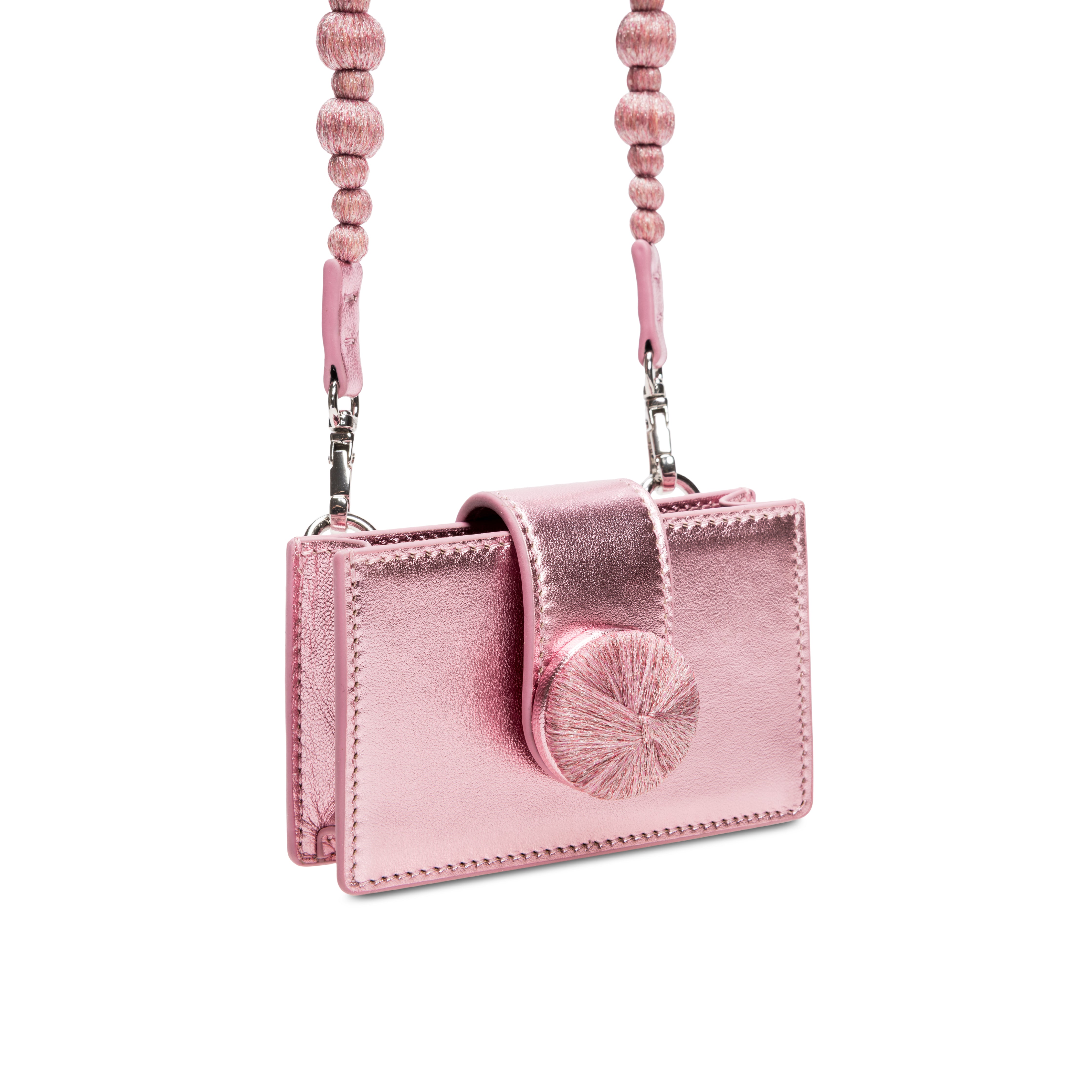 Alessa Metallic Pink Card Holder with embroidered disc and detachable strap, featuring shimmering metallic threads.