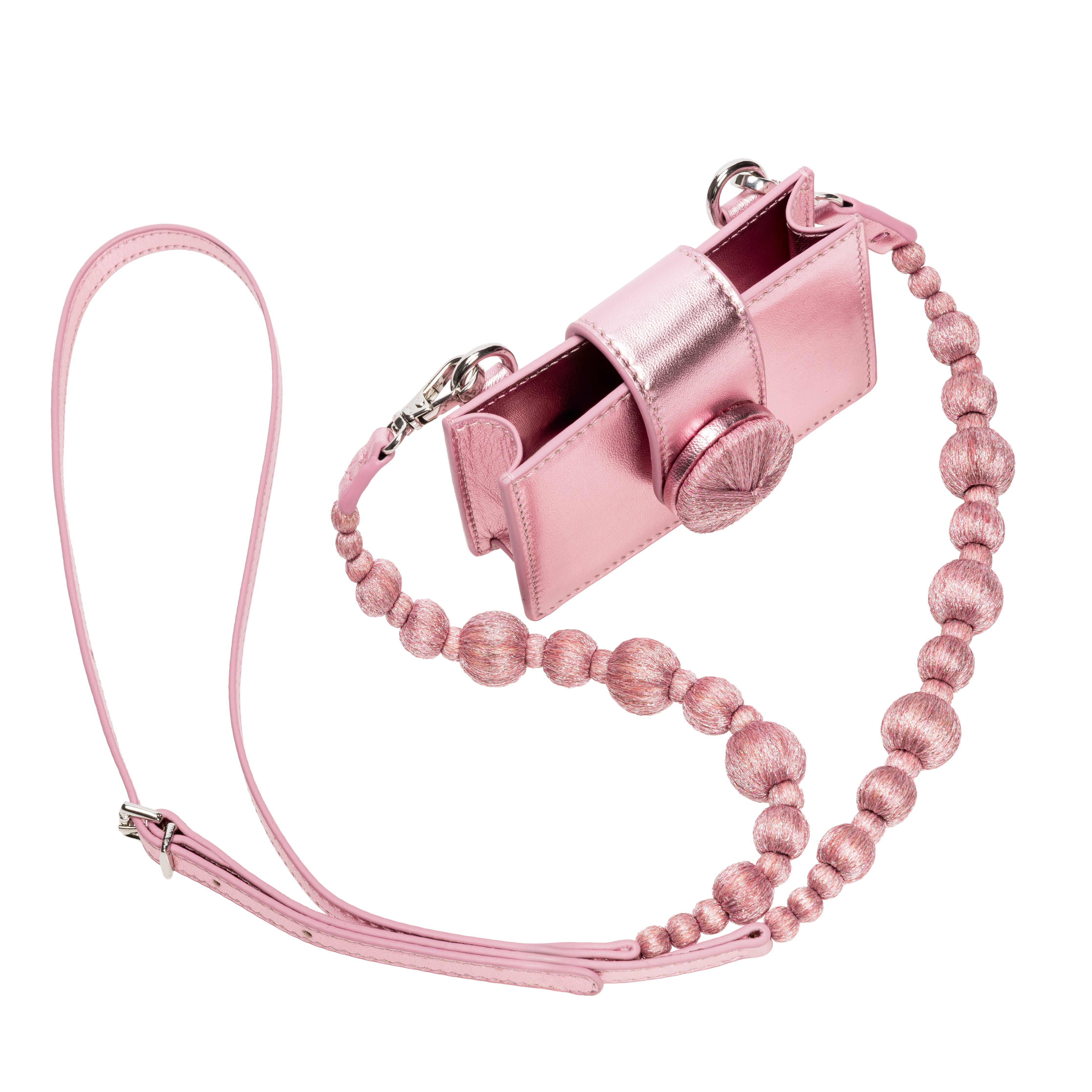 Alessa Metallic Pink Card Holder with embroidered strap and iconic details, perfect for stylish organization.