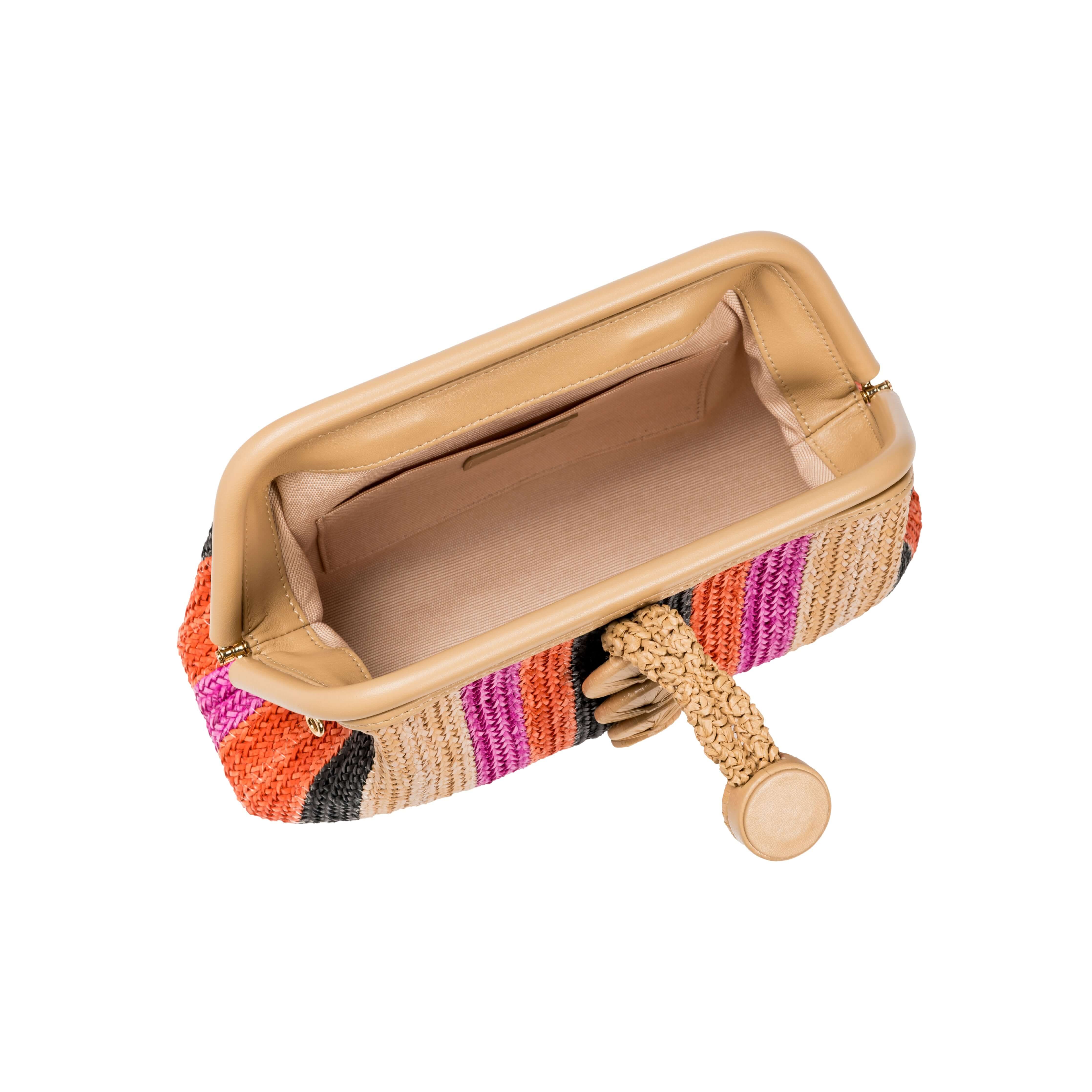 Alessa Multicolor Beige Pouch Bag, showcasing colorful stripes and interior view with a stylish button closure.