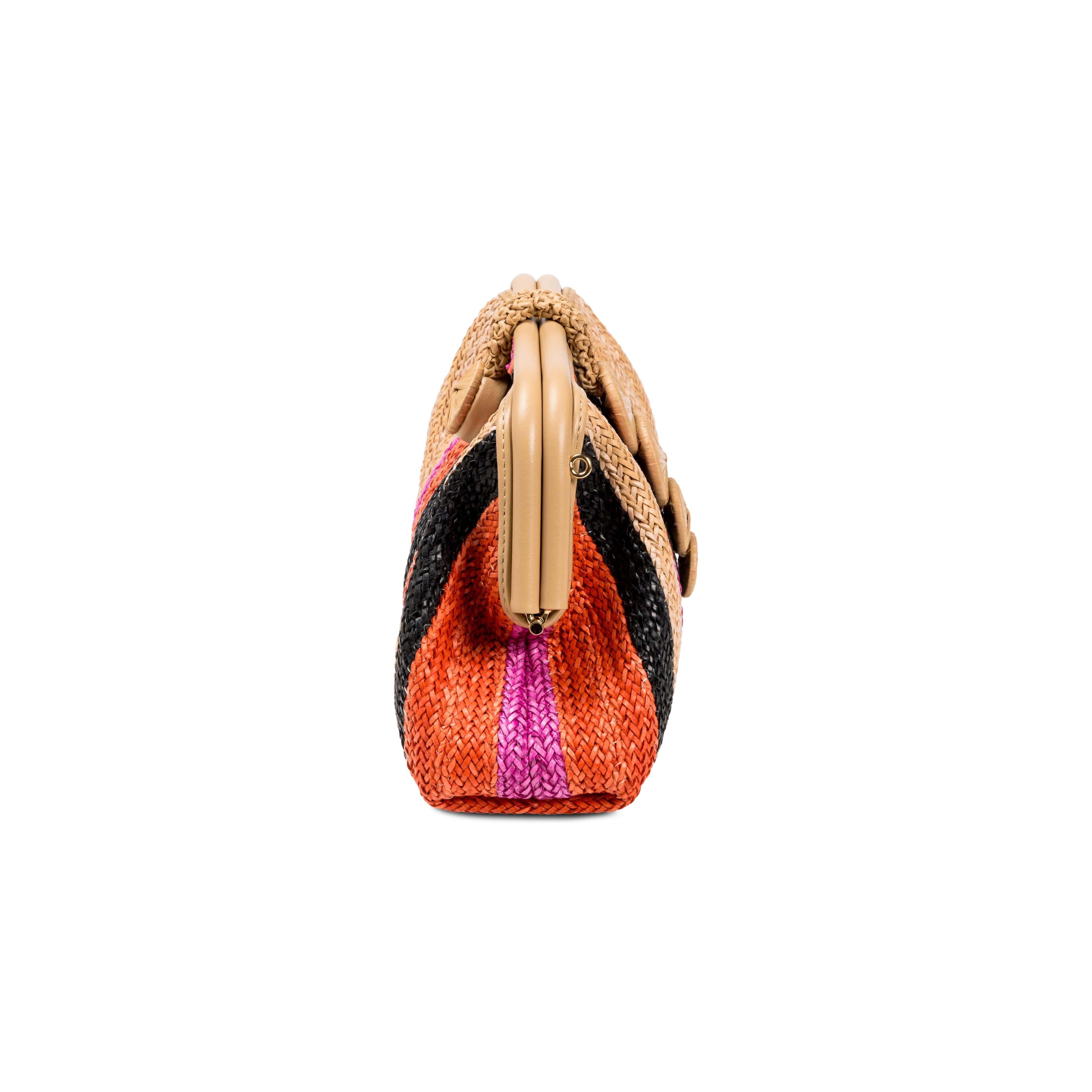 Side view of the Alessa Multicolor Beige Pouch Bag showcasing its vibrant colors and unique design.