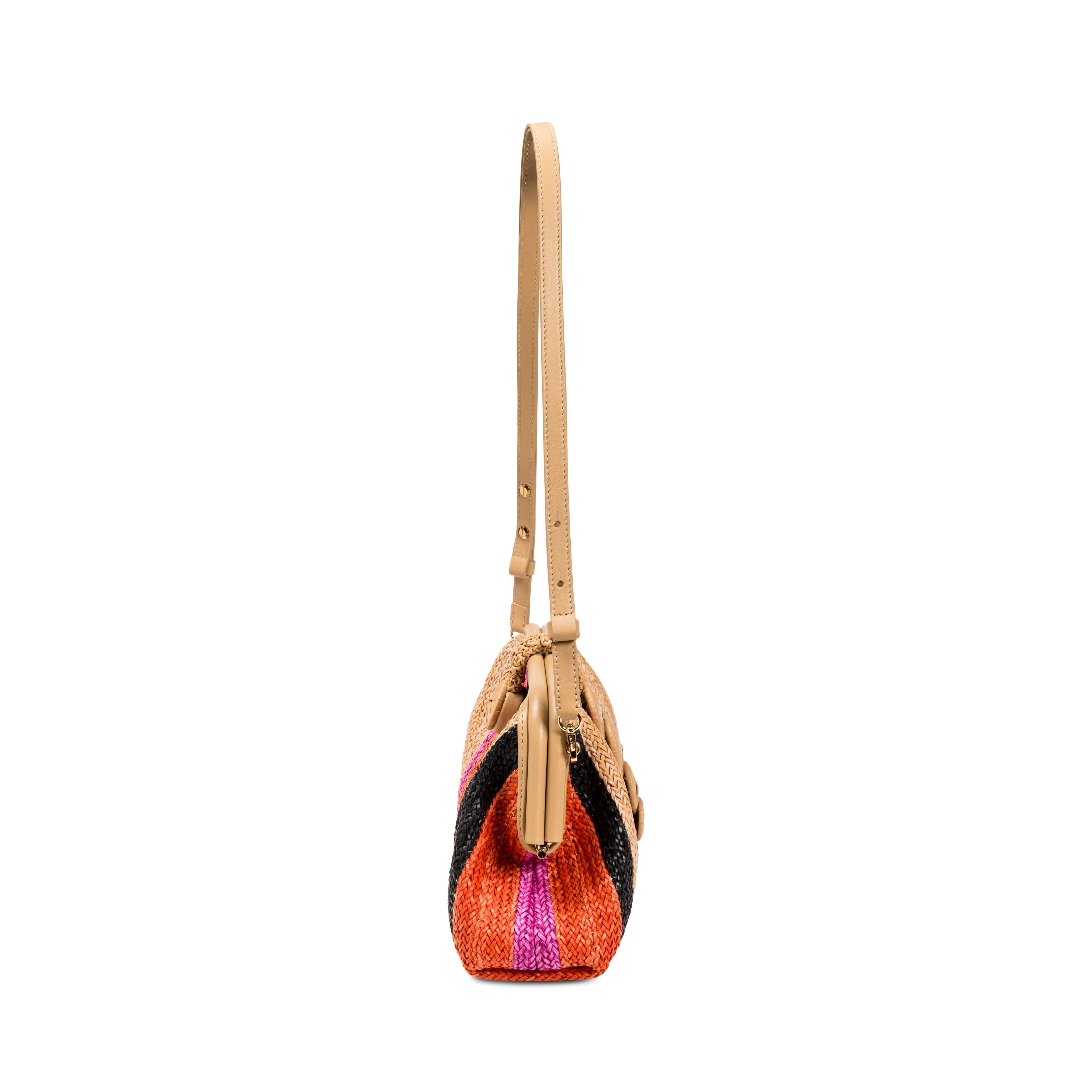Alessa multicolor beige pouch bag with side view showcasing vibrant patterns and adjustable strap.