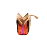 Alessa multicolor beige pouch bag featuring vibrant stripes in orange, pink, and black, with a stylish zip closure.