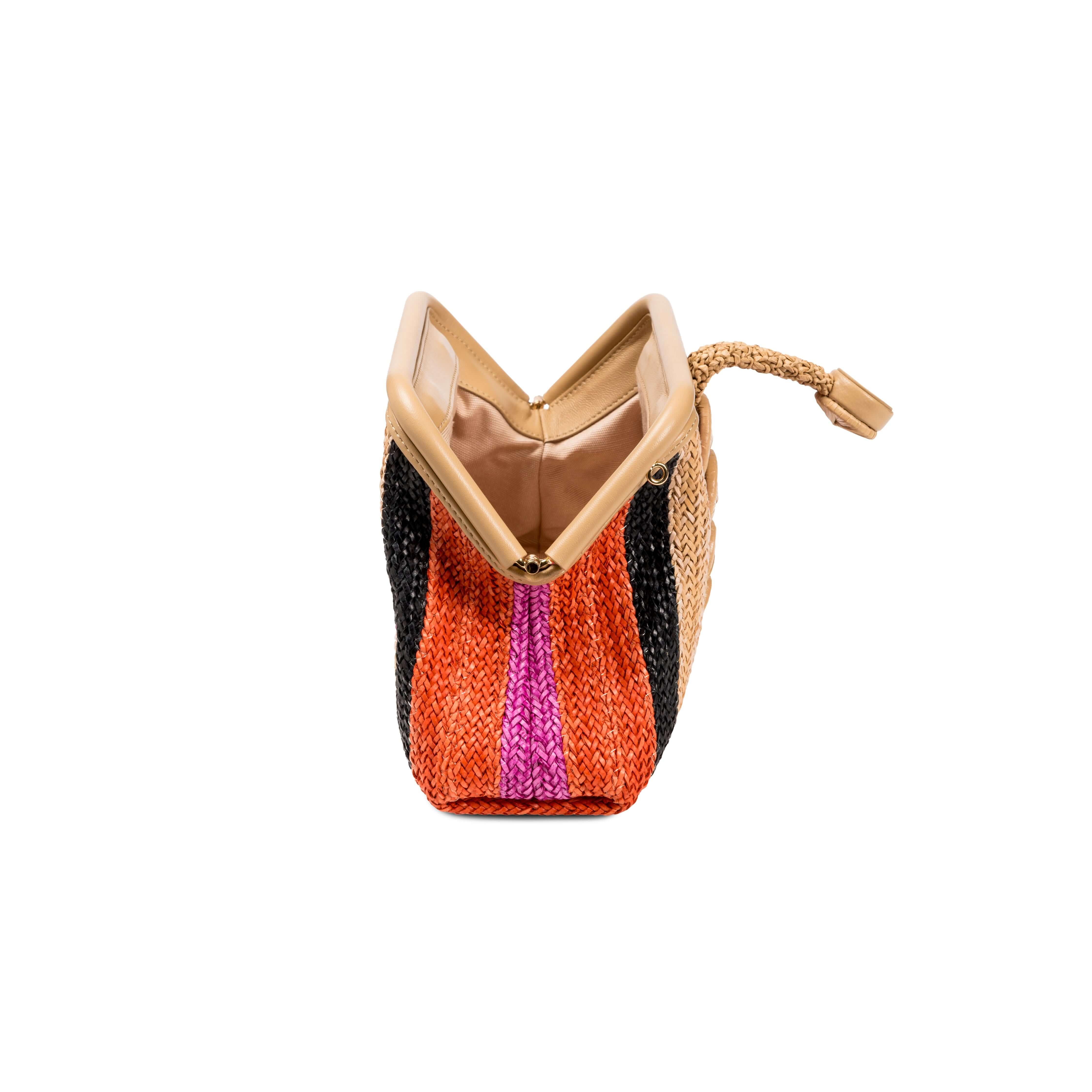 Alessa multicolor beige pouch bag featuring vibrant stripes in orange, pink, and black, with a stylish zip closure.