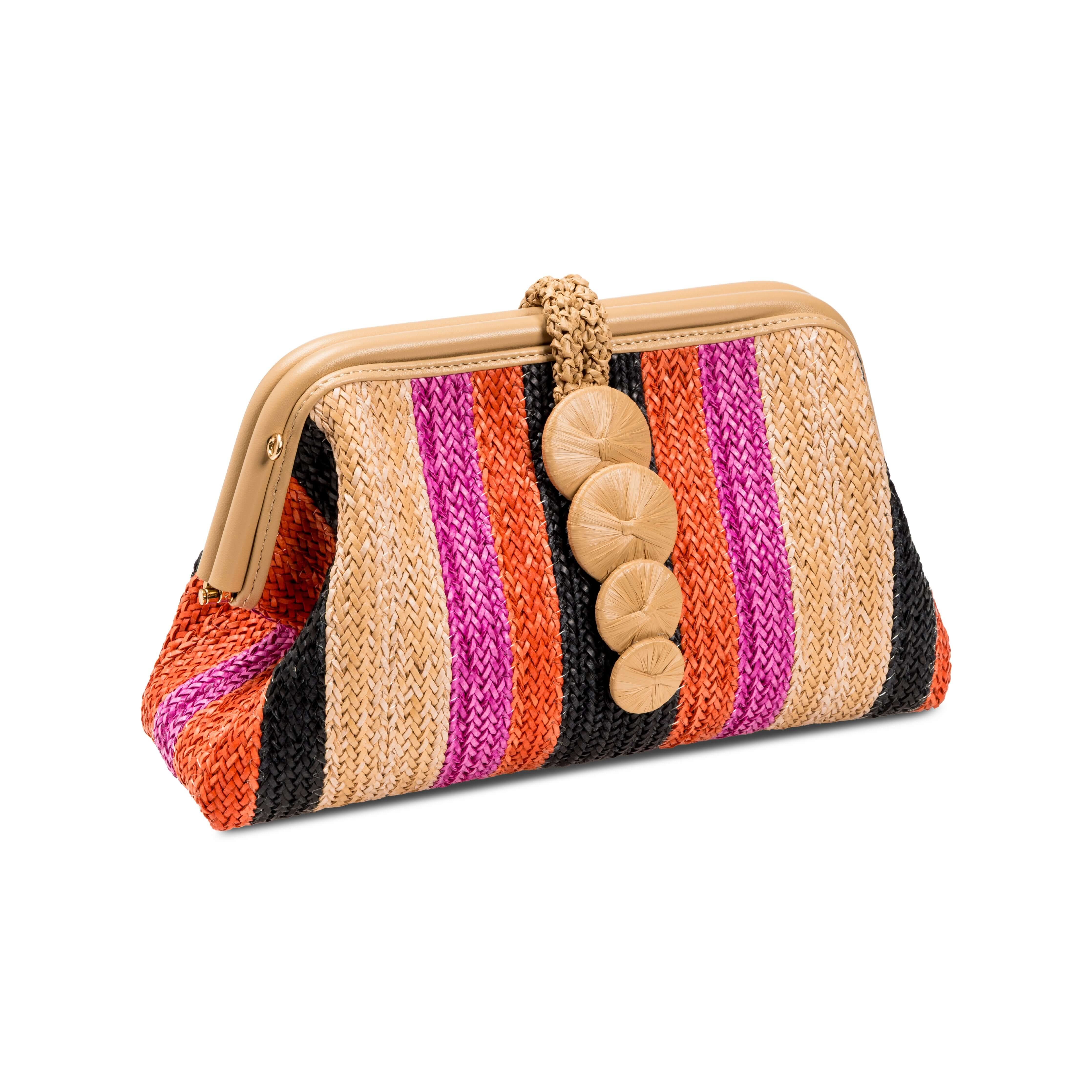 Alessa Multicolor Beige Pouch Bag featuring vibrant stripes of orange, pink, and black with decorative buttons.