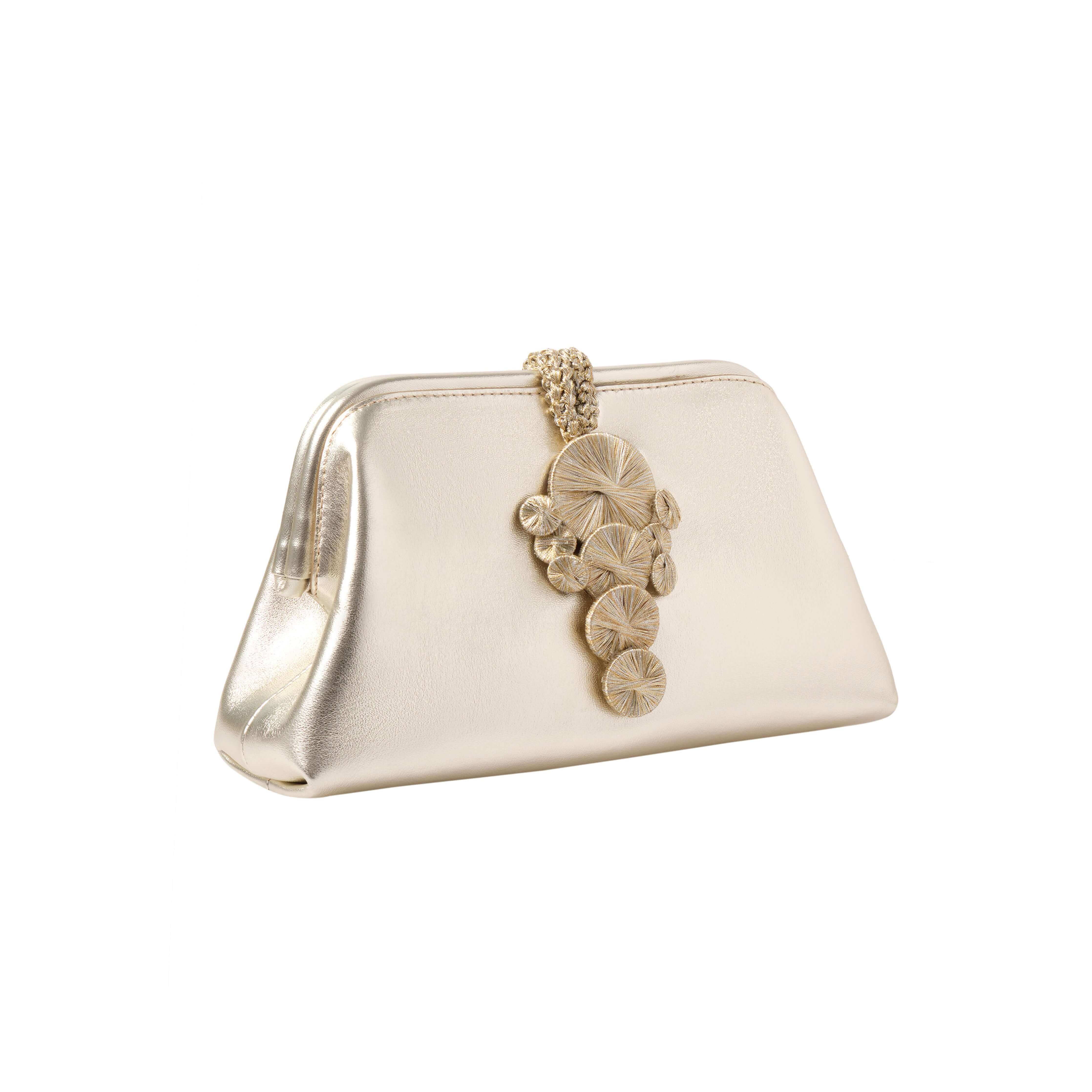 Alessa Sahara Pouch Bag in metallic gold with intricate thread-wrapped coin embellishments, showcasing modern elegance.