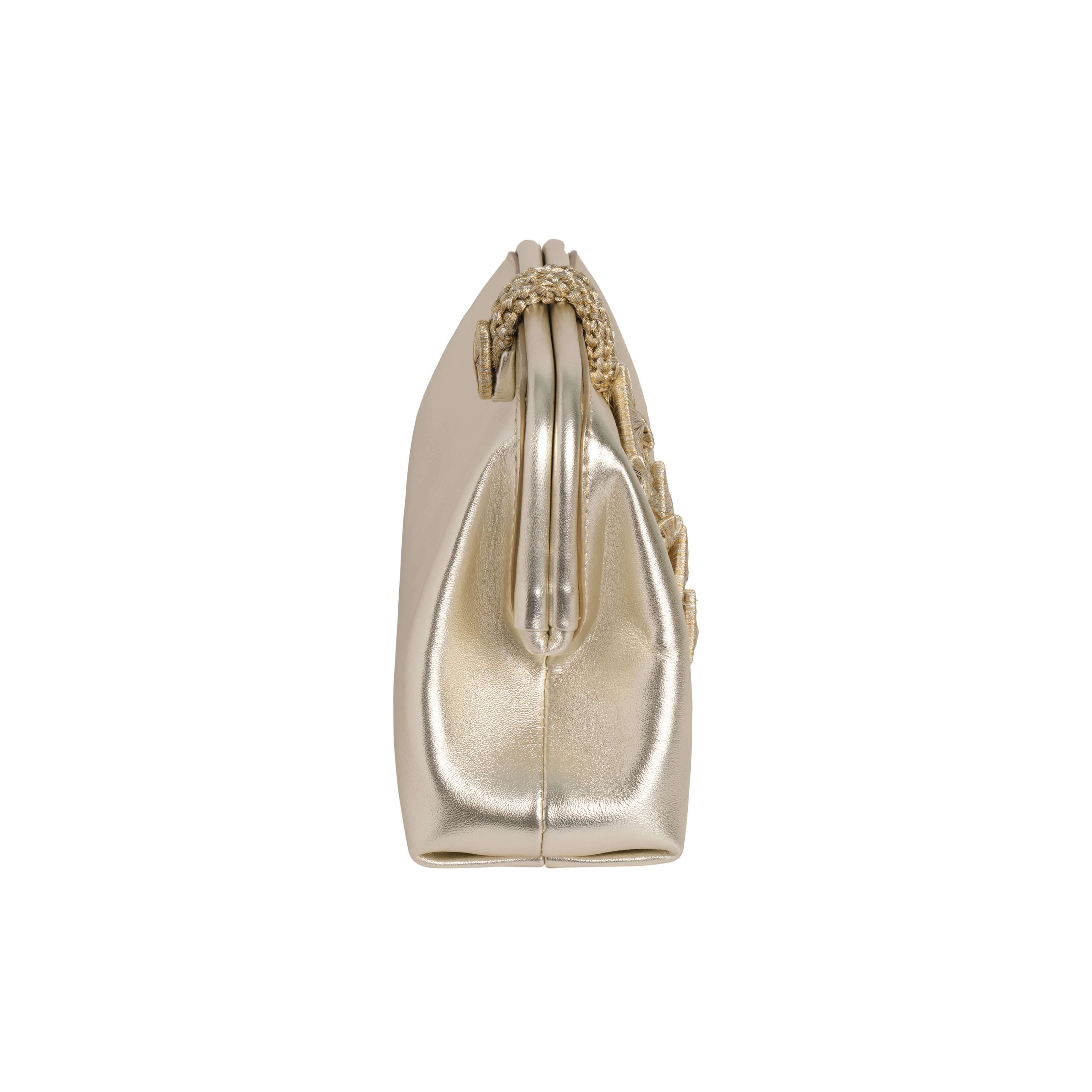 Elegant Alessa Sahara Pouch Bag in metallic gold, showcasing intricate thread-wrapped coin design and sleek silhouette.