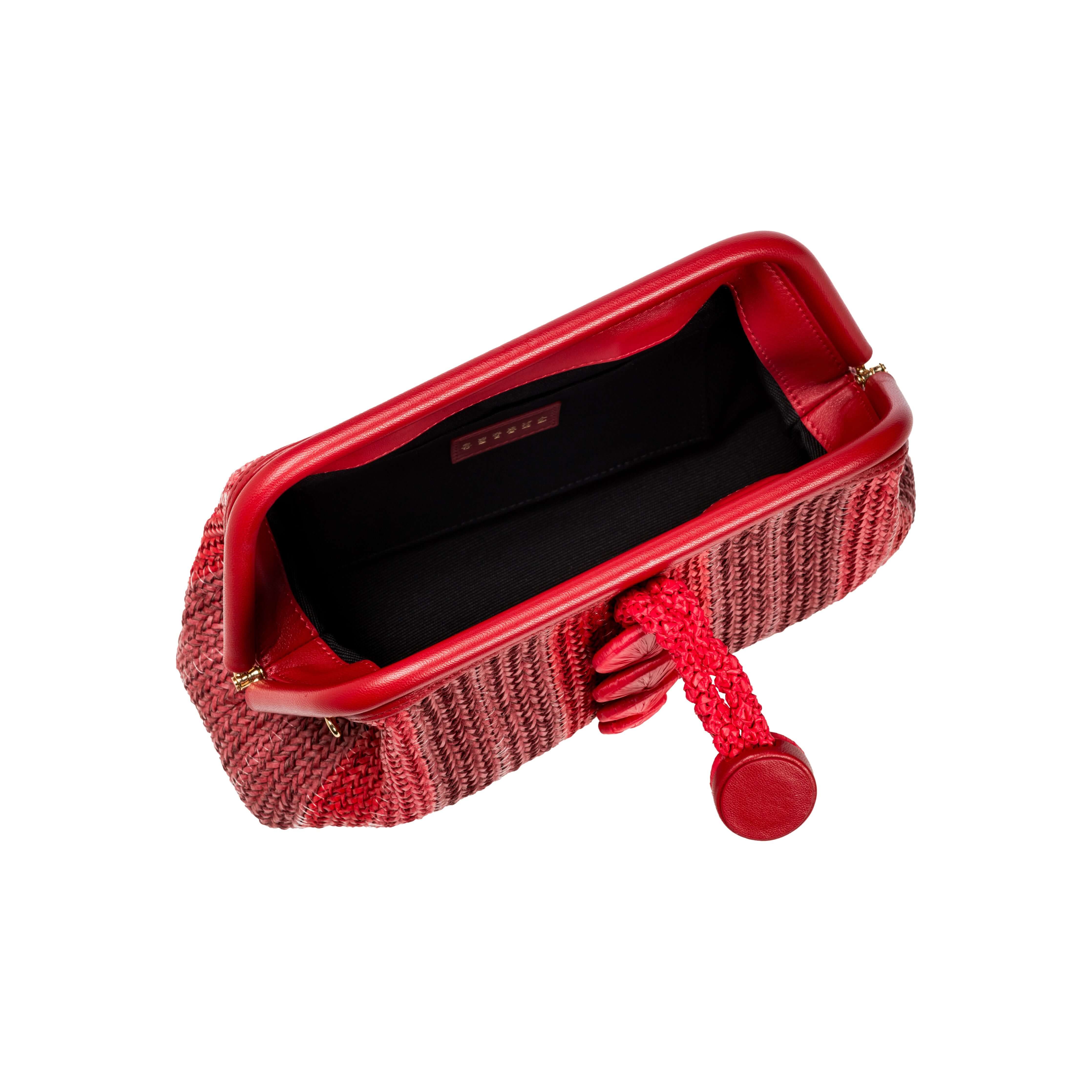 Inside view of the Alessa Scarlet Pouch Bag, featuring a striking red leather lining and a stylish woven exterior.