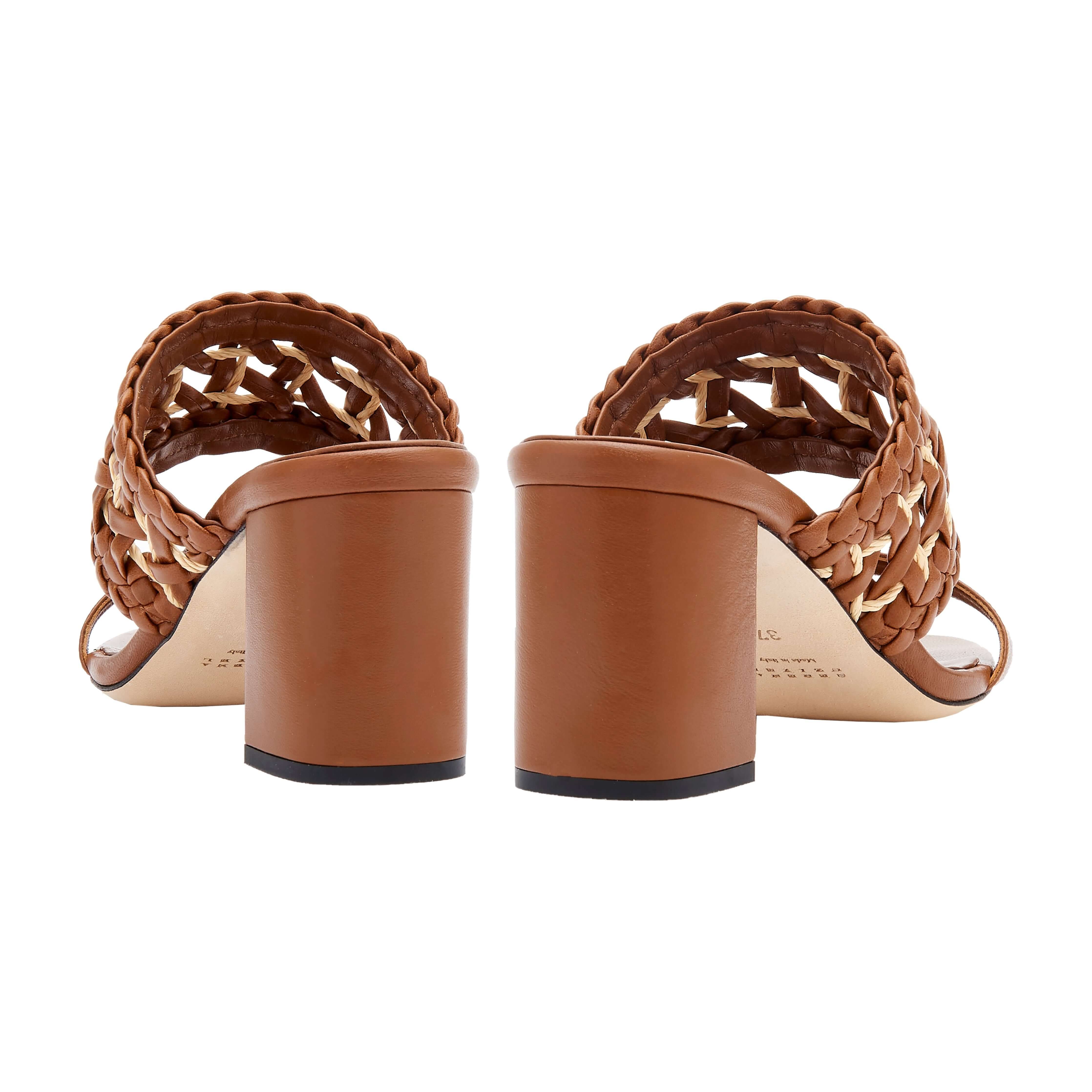 Back view of Almeria Camello Block-Heel Strap Sandals featuring woven leather detail and a 50mm block heel.