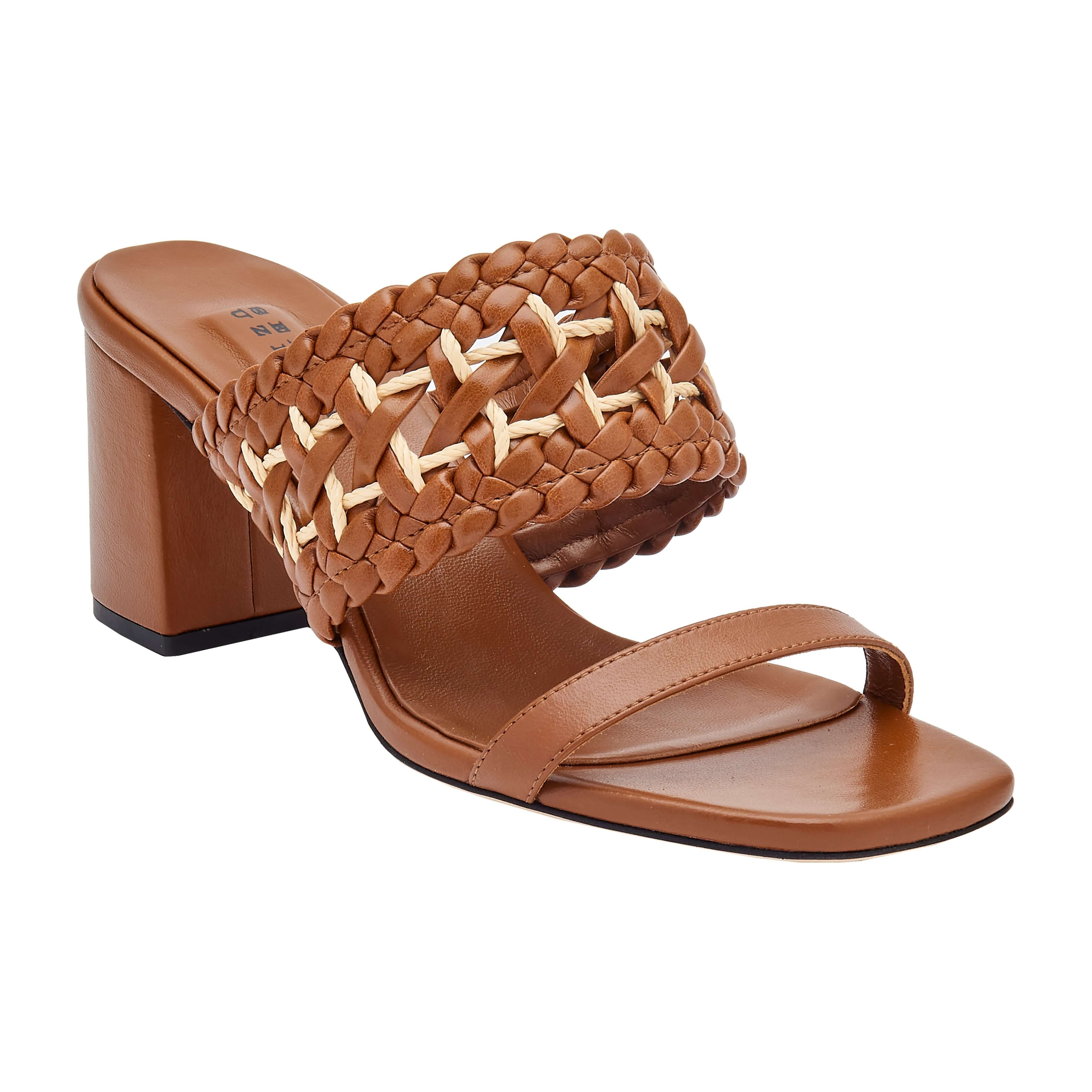 Almeria Camello Block-Heel Strap Sandal in supple leather with braided strap and open toe design, perfect for stylish comfort.