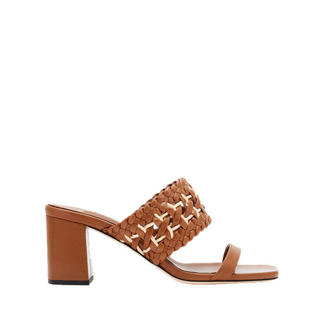Almeria Camello Block-Heel Strap Sandal in tan leather, featuring a woven strap and 50mm block heel for comfort.