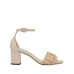 Almeria Nude Block-Heel Ankle Sandal with a woven strap, open toe design and comfortable block heel.