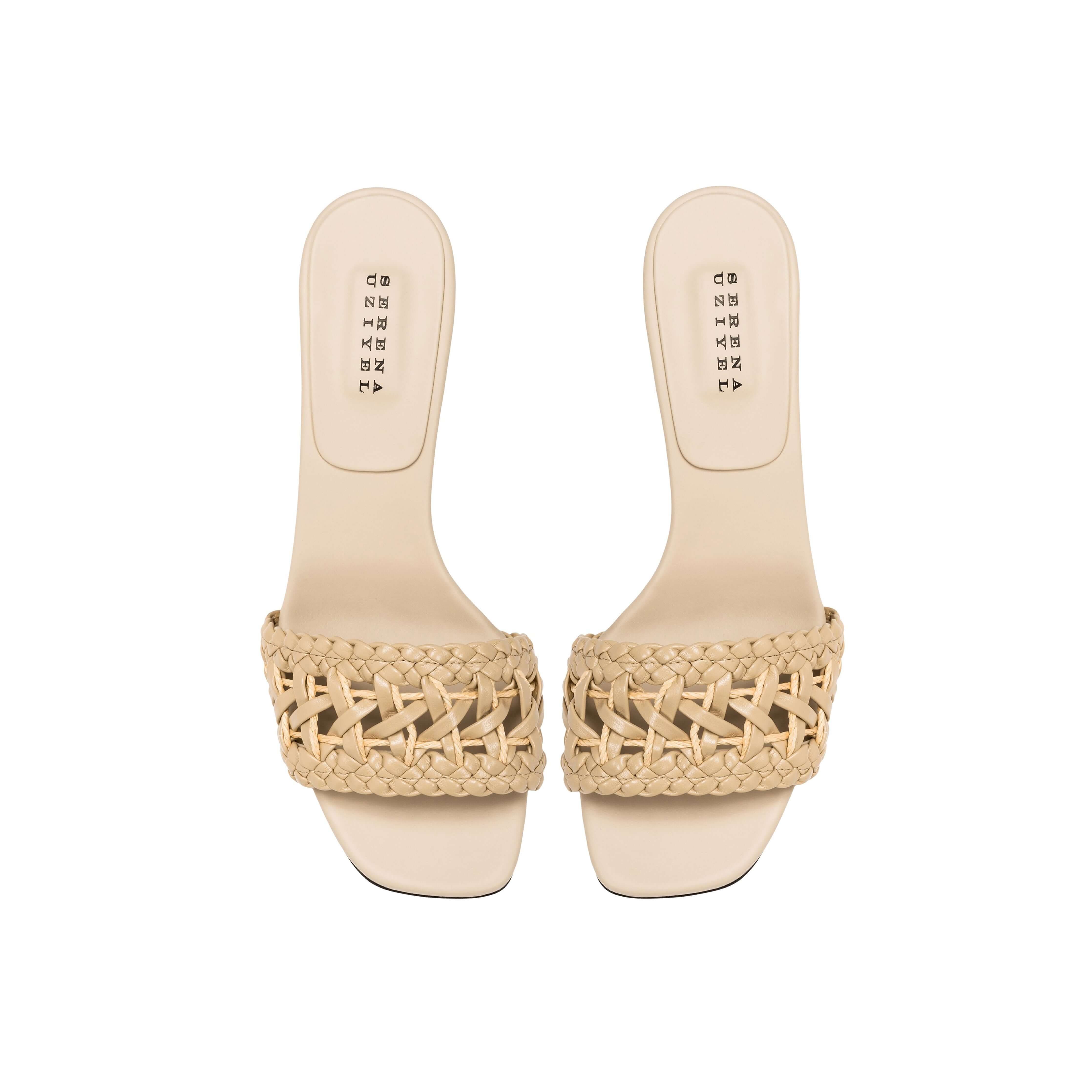 Almeria Nude Block-Heel Sandal featuring a braided strap and open toe design, crafted in Italy for comfort and style.