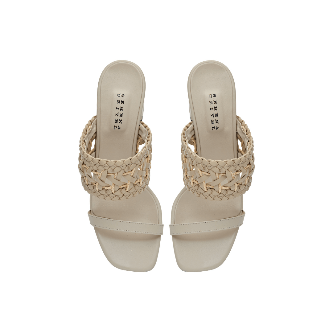 Almeria nude block-heel strap sandals featuring a woven upper and open toe design, crafted from supple leather.