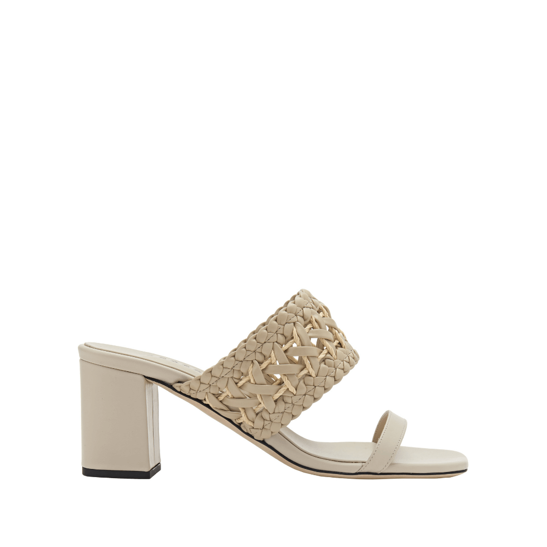 Almeria nude block-heel strap sandal featuring a woven design and a 50mm block heel for comfort and style.