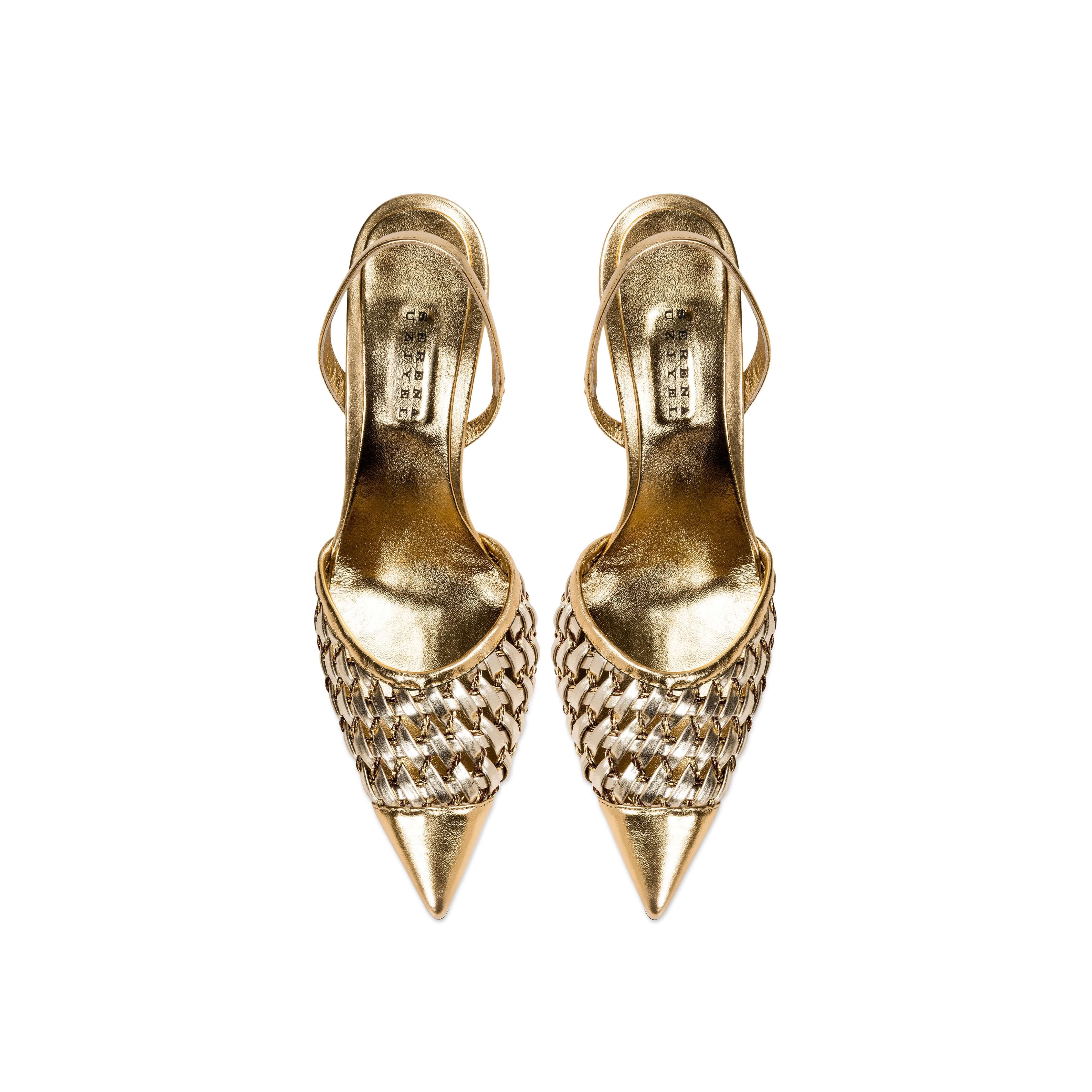 Almeria Sahara high-heel slingback pumps with woven metallic design in gold, perfect for elevating any outfit.