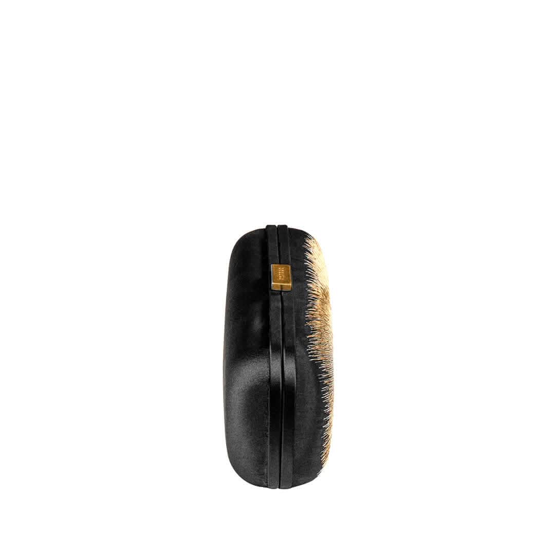Arinna Black Clutch showcasing elegant design with intricate embroidery and luxurious satin finish.